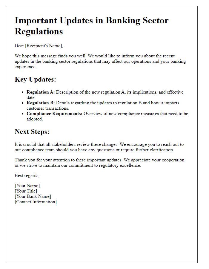 Letter template of updates in banking sector regulations