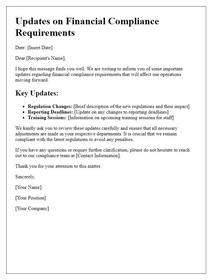 Letter template of updates on financial compliance requirements