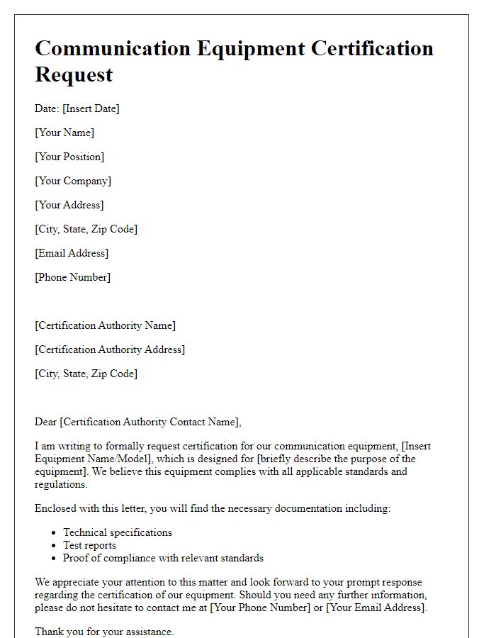 Letter template of communication equipment certification request