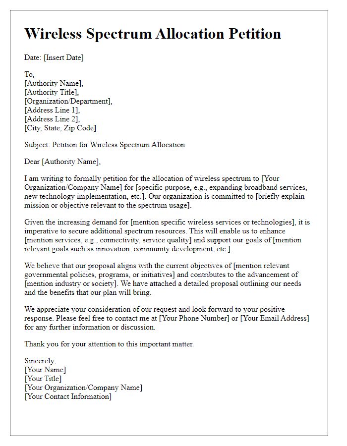 Letter template of wireless spectrum allocation petition