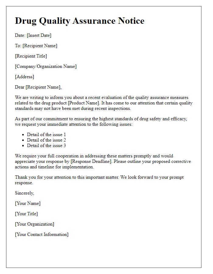 Letter template of drug quality assurance notice