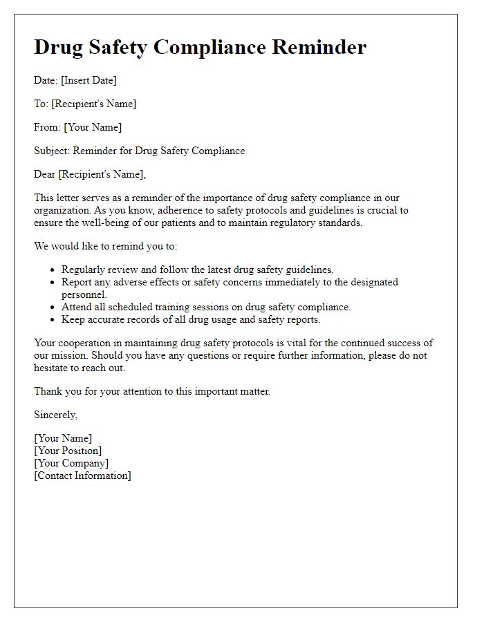 Letter template of drug safety compliance reminder