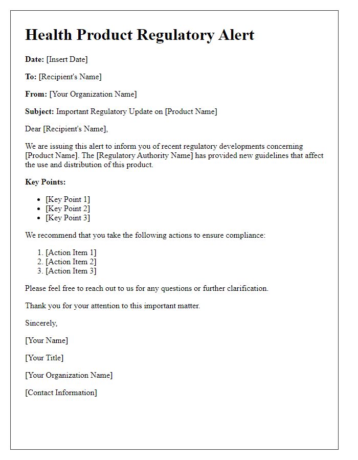 Letter template of health product regulatory alert