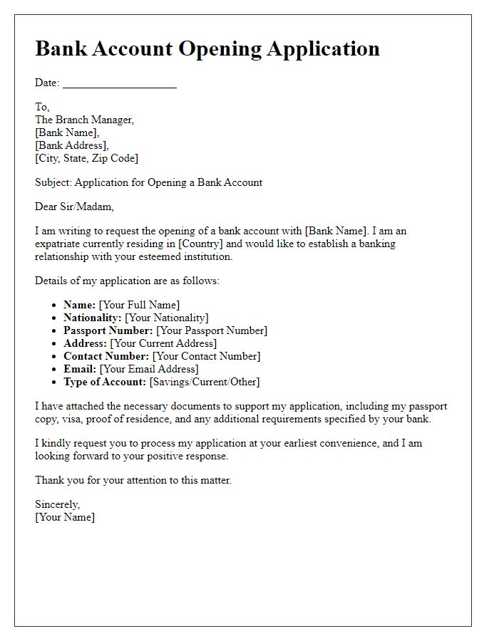 Letter template of bank account opening application for expats