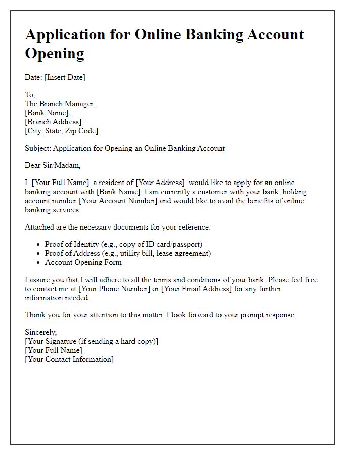 Letter template of bank account opening application for online banking