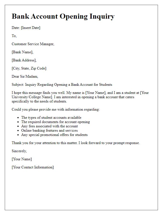 Letter template of bank account opening inquiry for students