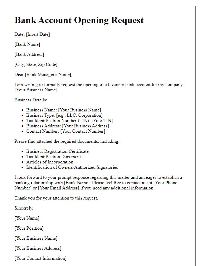 Letter template of bank account opening request for businesses