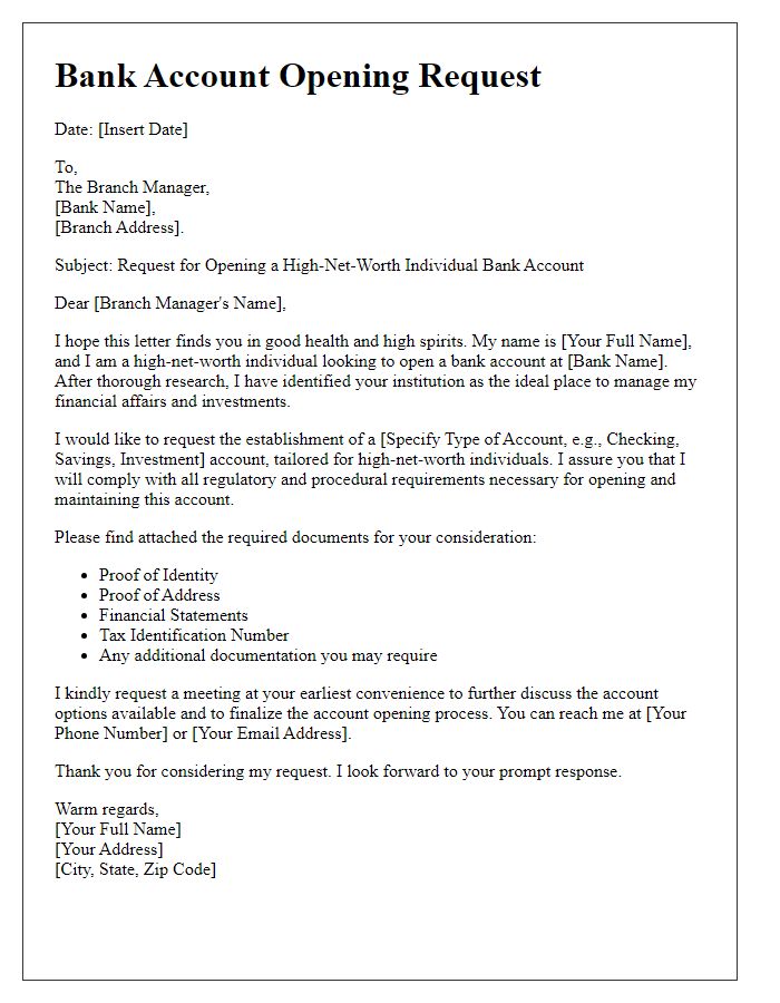 Letter template of bank account opening request for high-net-worth individuals