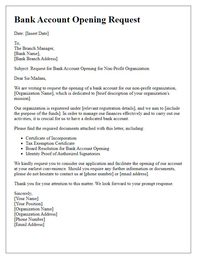 Letter template of bank account opening request for non-profit organizations