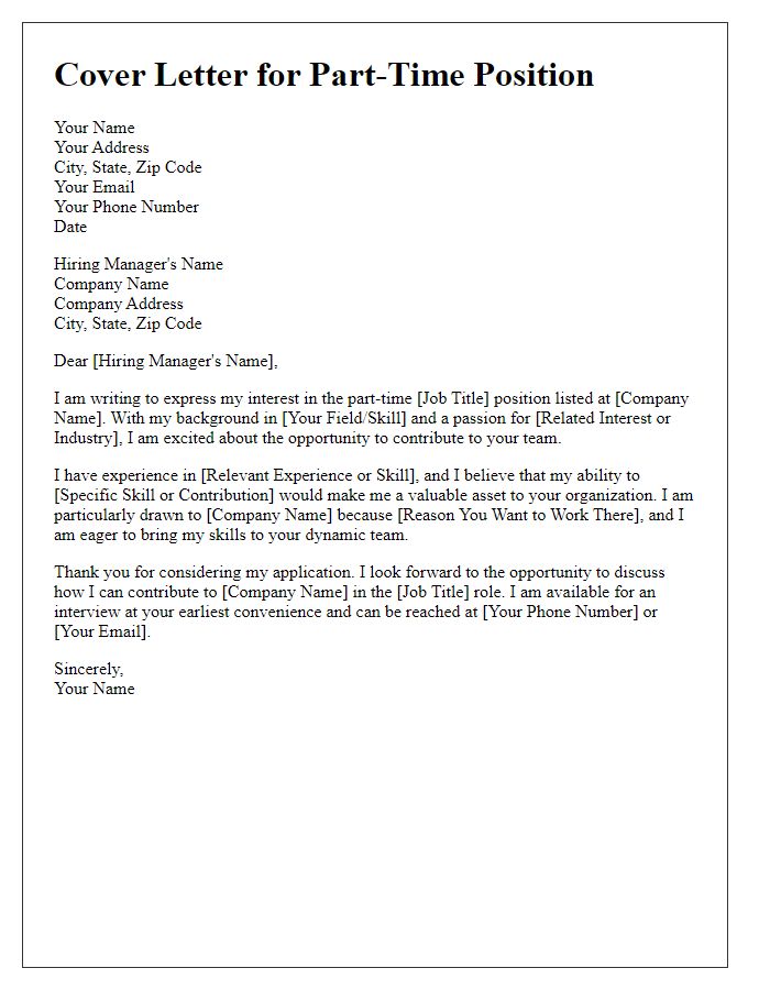 Letter template of a cover letter for part-time positions