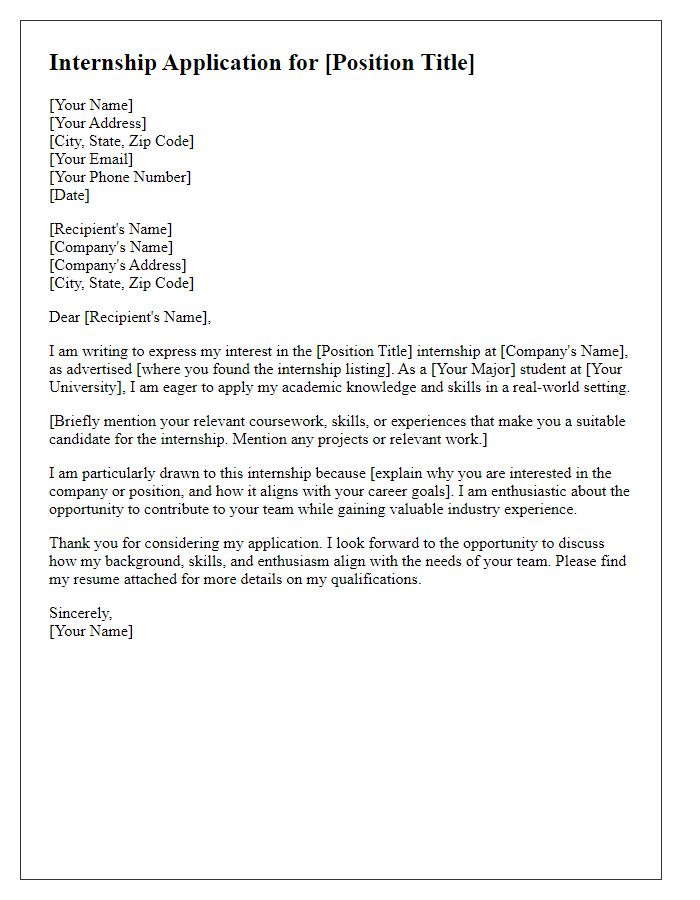 Letter template of an internship application letter