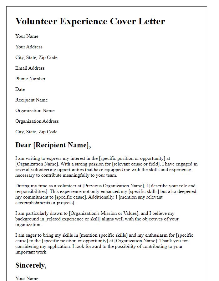 Letter template of a volunteer experience cover letter