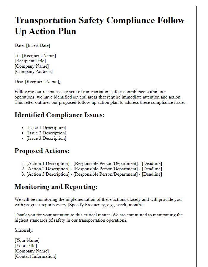 Letter template of transportation safety compliance follow-up action plan