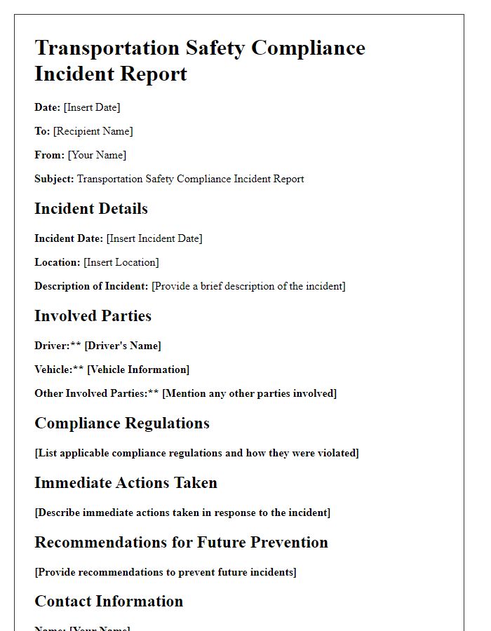 Letter template of transportation safety compliance incident report