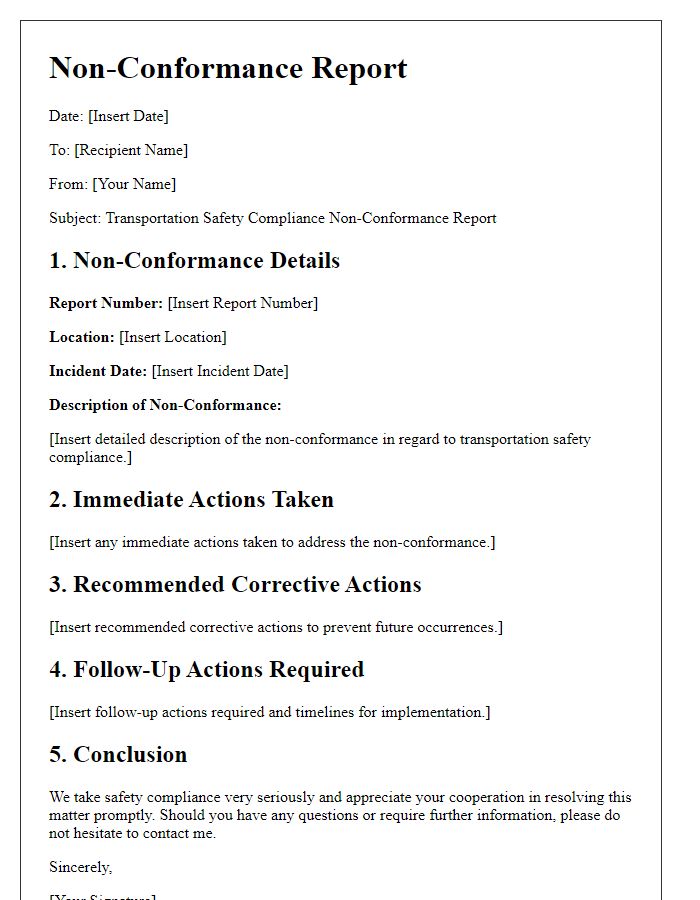 Letter template of transportation safety compliance non-conformance report