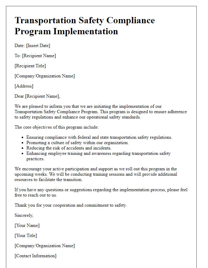 Letter template of transportation safety compliance program implementation