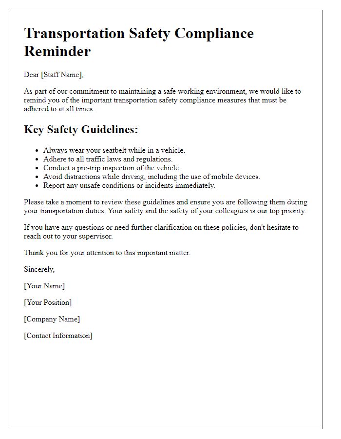 Letter template of transportation safety compliance reminder for staff