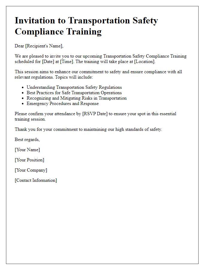 Letter template of transportation safety compliance training invitation