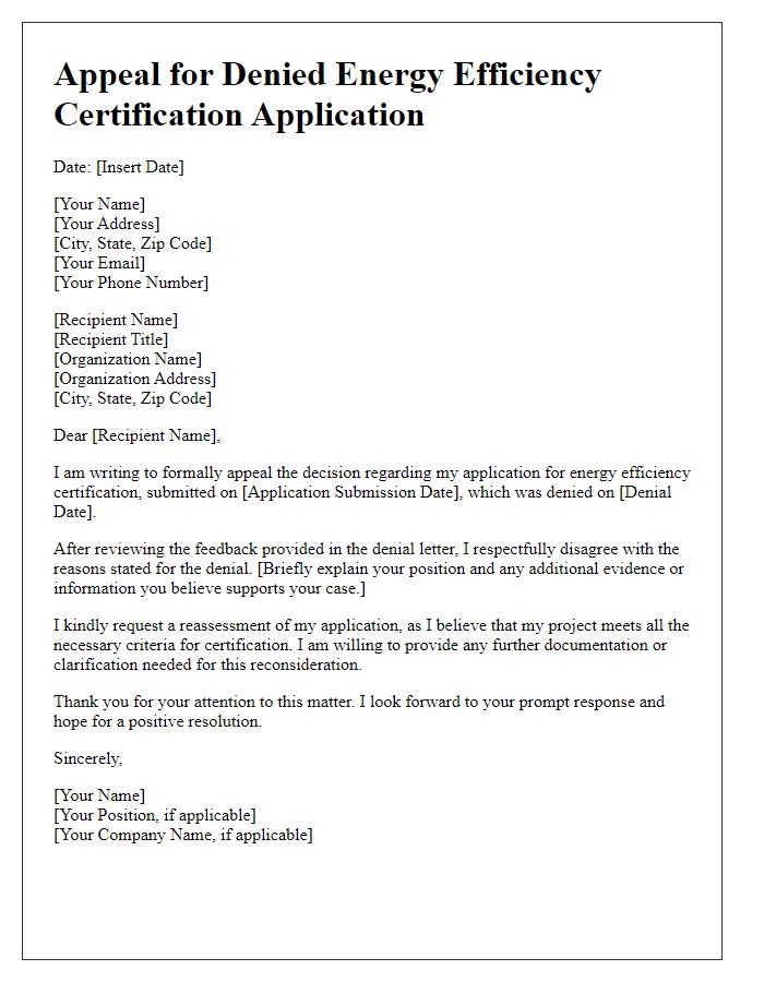 Letter template of energy efficiency certification appeal for denied applications.