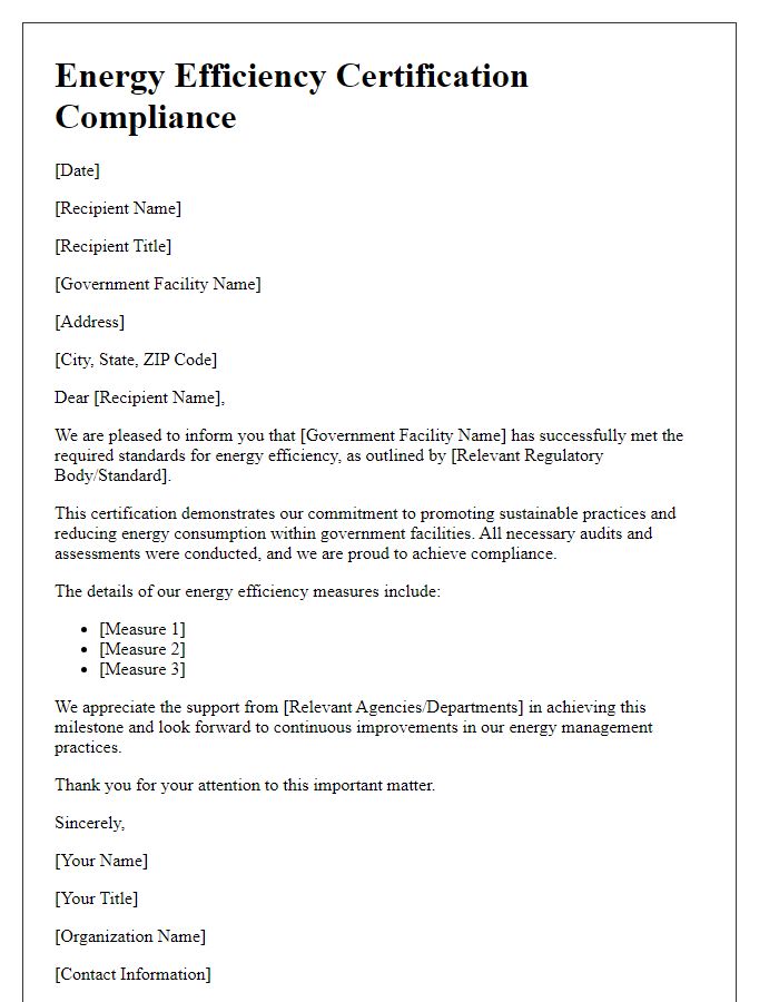 Letter template of energy efficiency certification compliance for government facilities.