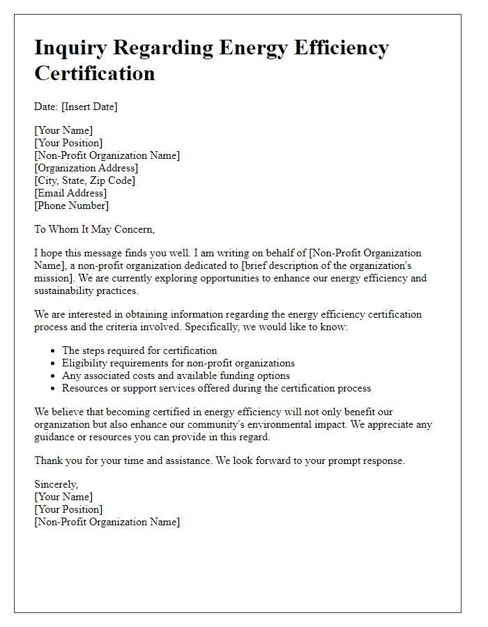 Letter template of energy efficiency certification inquiry for non-profit organizations.