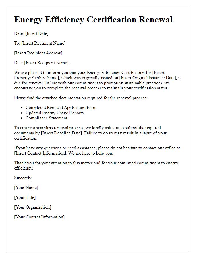 Letter template of energy efficiency certification renewal for existing certifications.