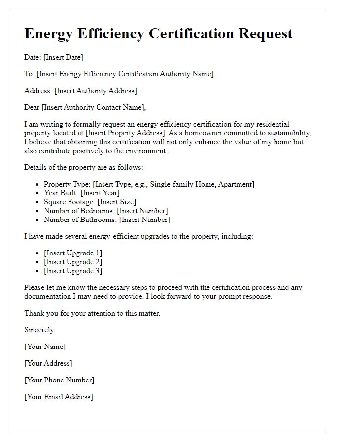 Letter template of energy efficiency certification request for residential properties.