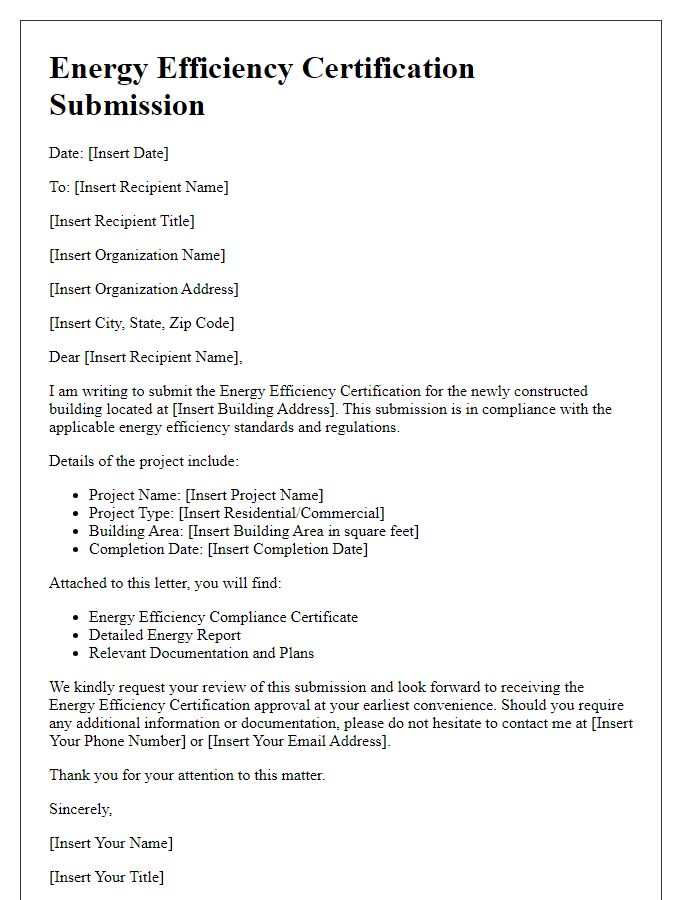 Letter template of energy efficiency certification submission for new constructions.