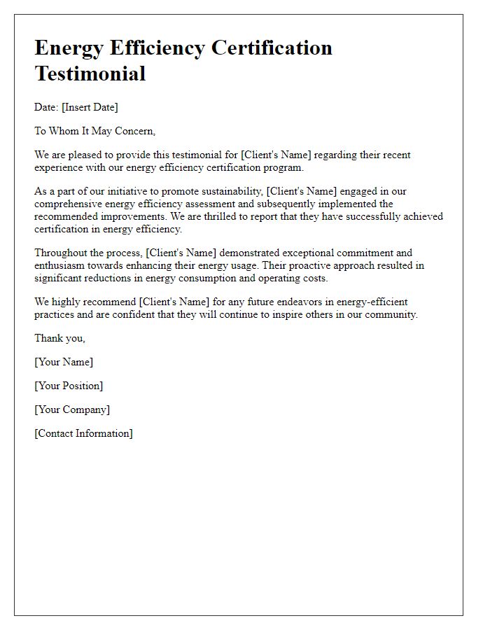 Letter template of energy efficiency certification testimonial for satisfied clients.