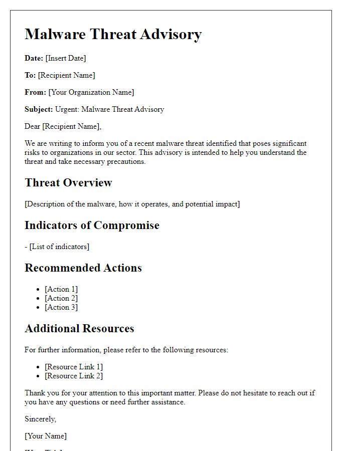 Letter template of malware threat advisory