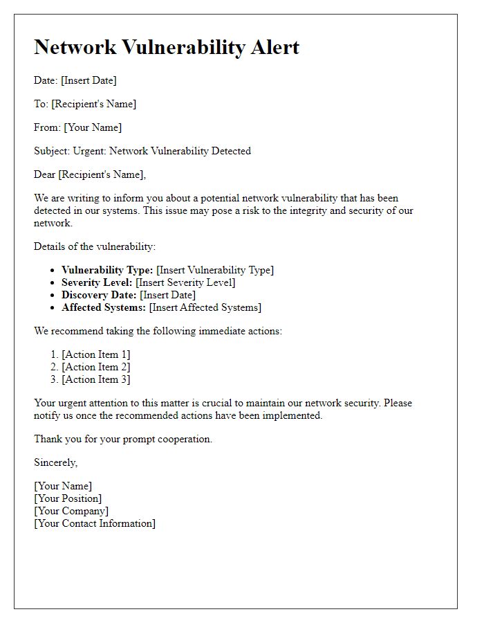 Letter template of network vulnerability alert