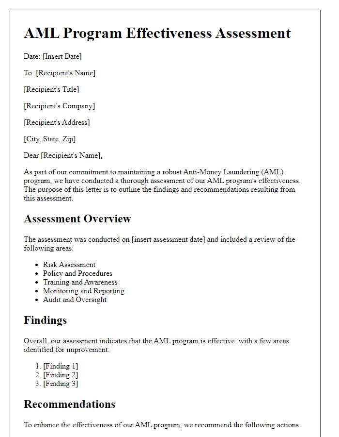 Letter template of AML program effectiveness assessment