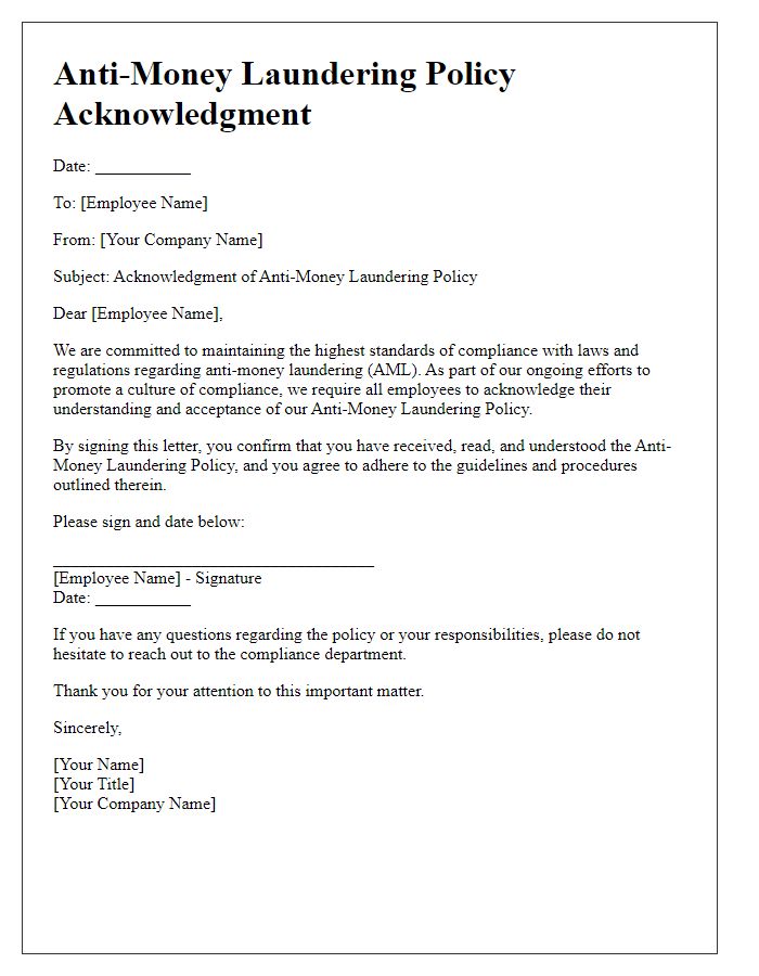 Letter template of anti-money laundering policy acknowledgment