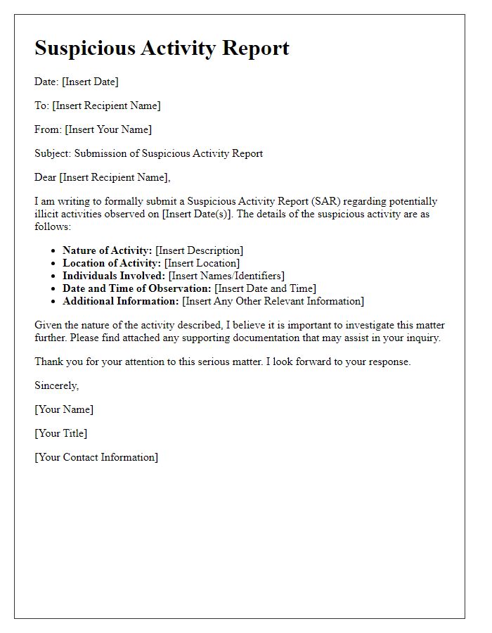 Letter template of suspicious activity report submission