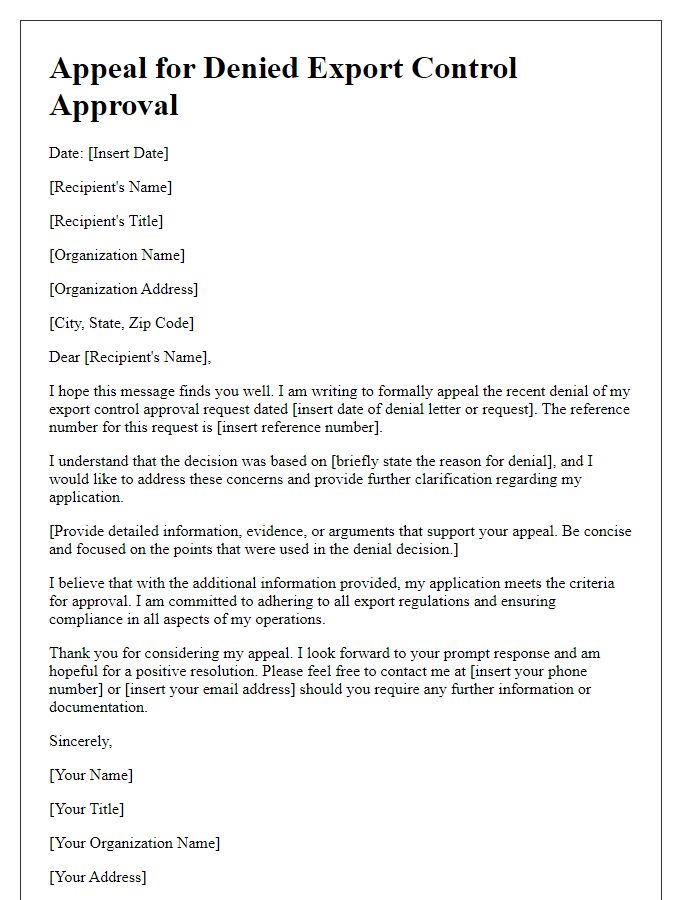 Letter template of appeal for denied export control approval