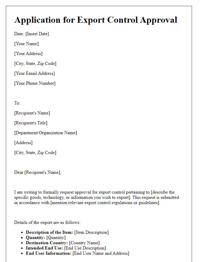 Letter template of application for export control approval