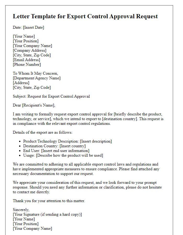 Letter template of request for export control approval