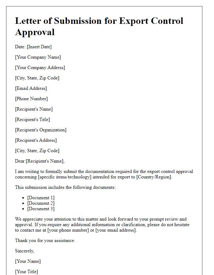 Letter template of submission for export control approval documentation