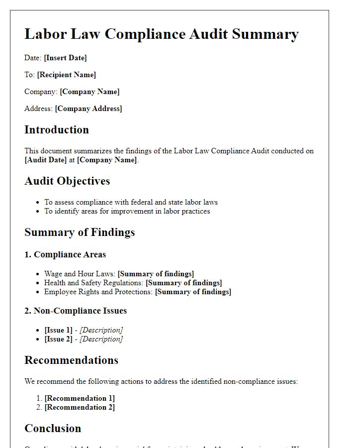 Letter template of labor law compliance audit summary