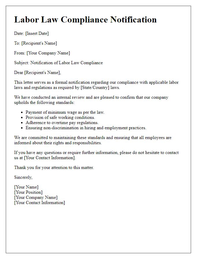 Letter template of labor law compliance notification