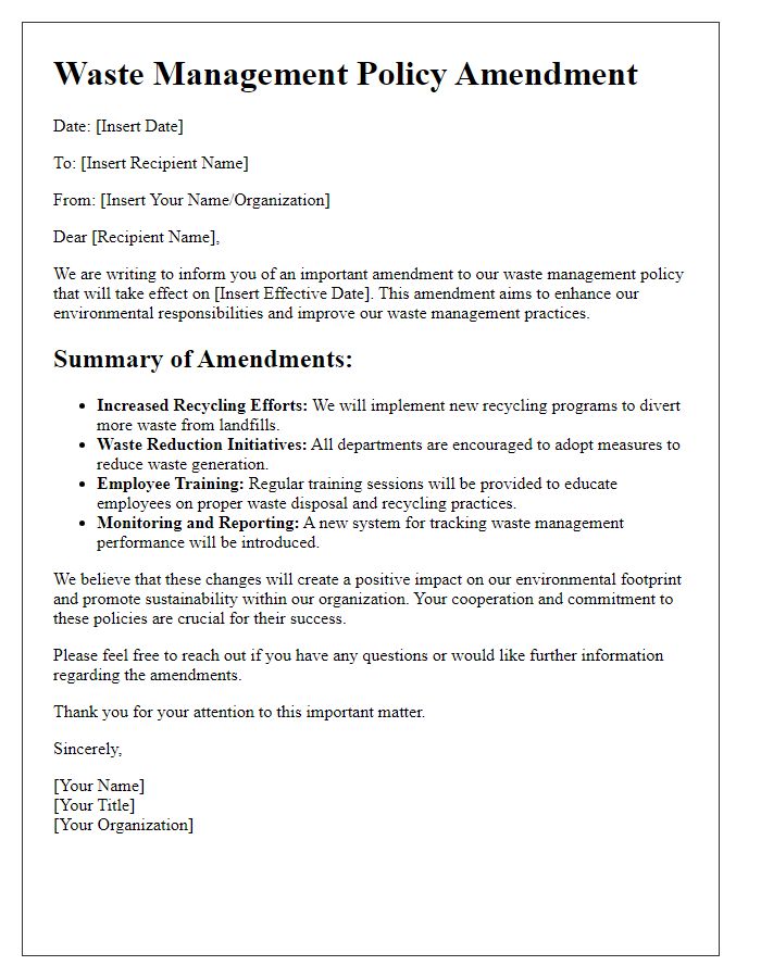 Letter template of waste management policy amendment