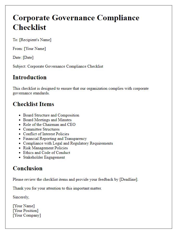 Letter template of corporate governance compliance checklist