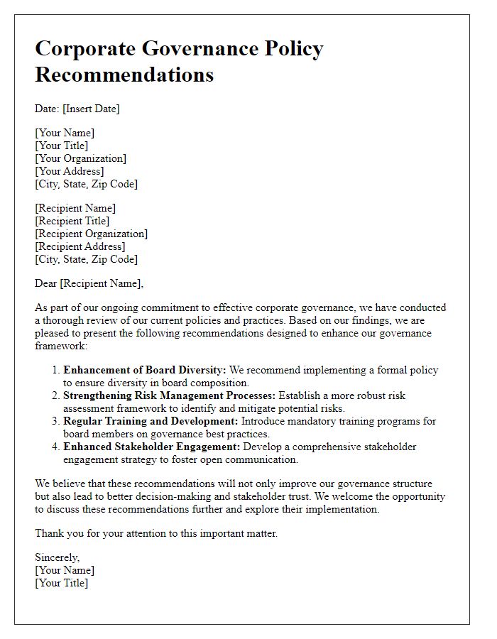 Letter template of corporate governance policy recommendations