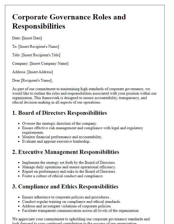 Letter template of corporate governance roles and responsibilities