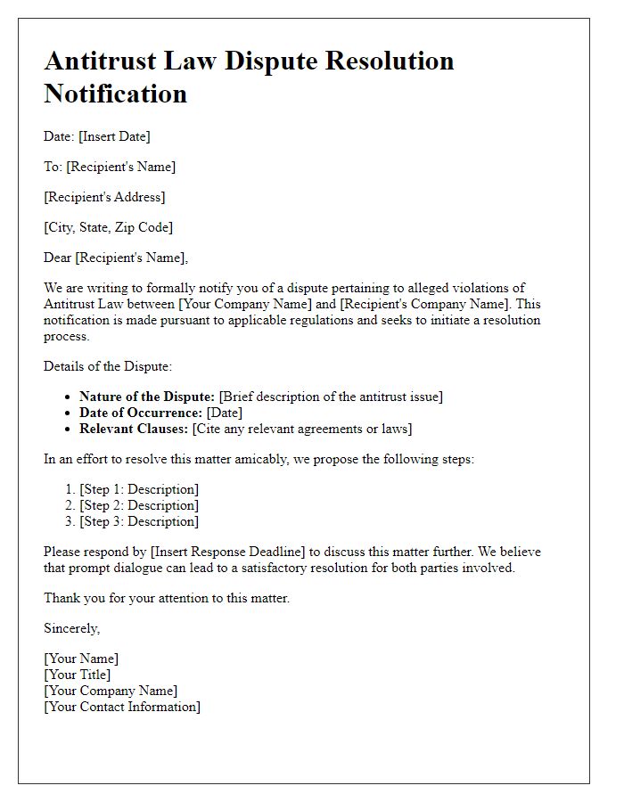 Letter template of Antitrust Law Dispute Resolution Notification