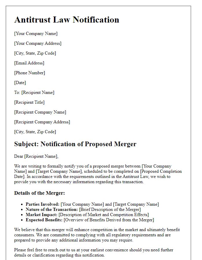 Letter template of Antitrust Law Notification for Mergers