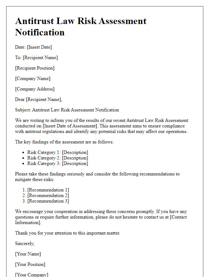 Letter template of Antitrust Law Risk Assessment Notification