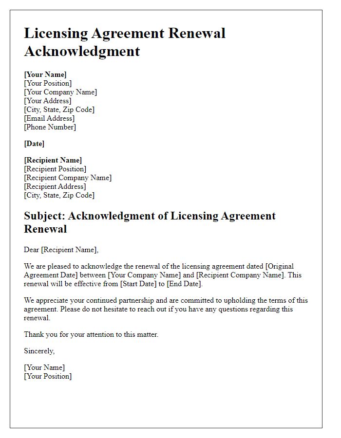 Letter template of Licensing Agreement Renewal Acknowledgment