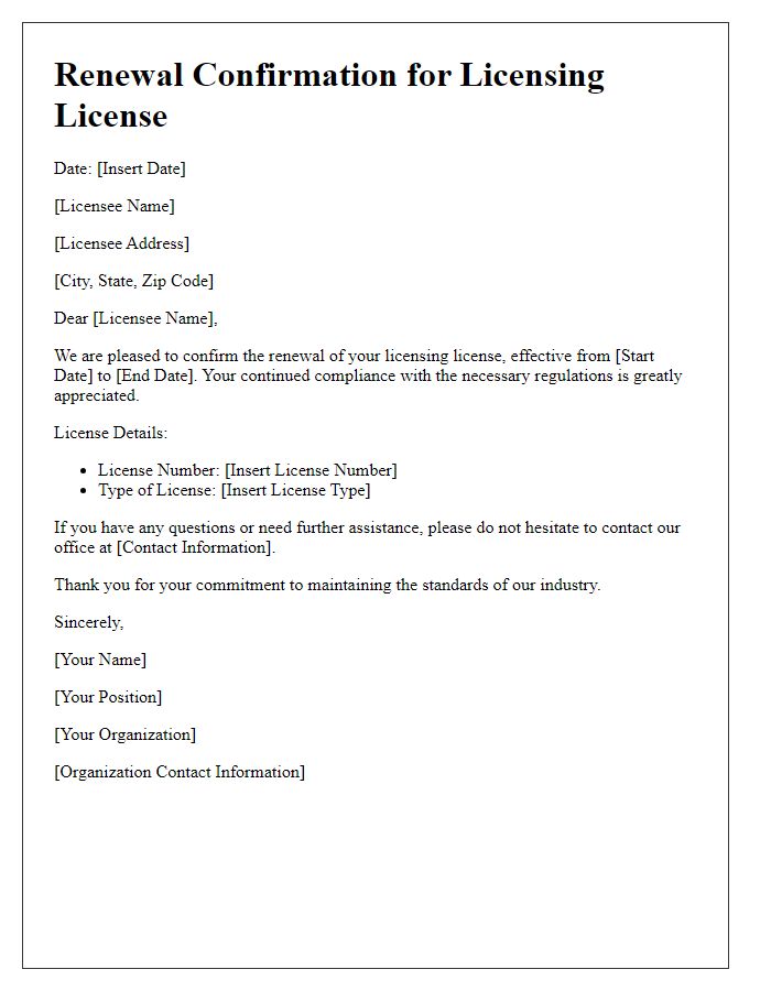 Letter template of Renewal Confirmation for Licensing License