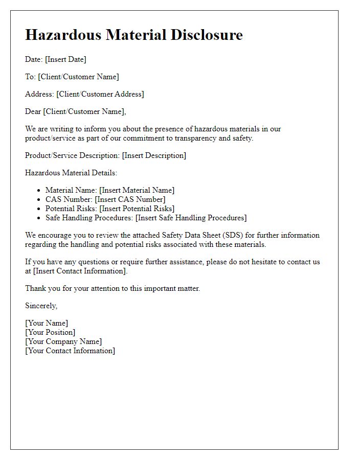 Letter template of hazardous material disclosure for clients and customers.